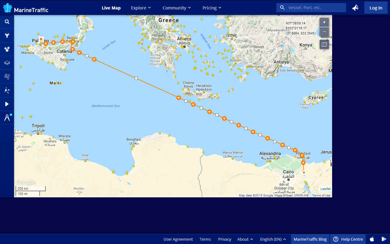 Port Said in Egypt to Palermo in Scicily waypoints ocean awareness circumnavigation